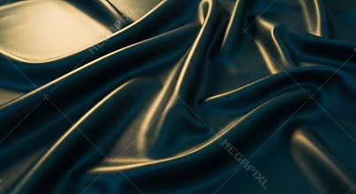 Luxurious dark teal and gold silk fabric with elegant folds and highlights