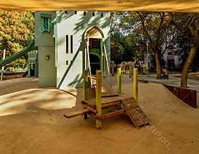 Colorful playground castle for children in a public park