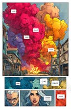 Vivid comic book panel with diverse colors and speech bubbles