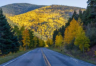 Scenic fall foliage landscape alongside the Highway of Legends National Scenic Byway in Colorado