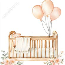 A charming watercolor illustration featuring a baby cradle, air balloons, and flowers, created as a stock clip art for