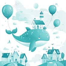 Sweet baby clip art scene with a cute watercolor whale soaring through the sky, a lighthouse, and hot air balloons