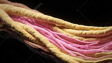 Detailed Animated Close Up of Axon in Medical Visualization Explaining Nerve Signal Transmission Process with Pink Axon and Yellow