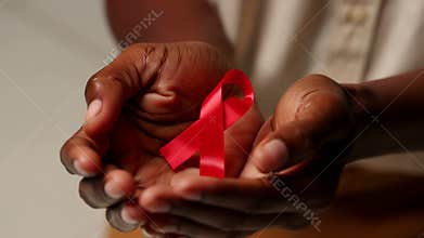 Black hands holding a red aids awareness ribbon