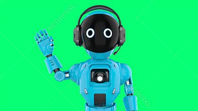 Cute and small artificial intelligence personal assistant robot hand up isolated on green screen