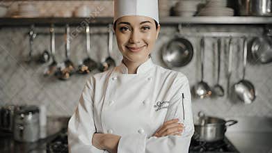 AI-generated illustration of a female chef smiling in professional kitchen with utensils