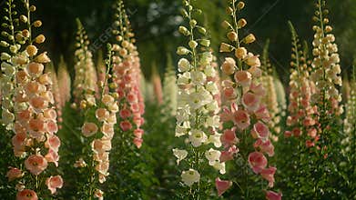 Sunlit Field of Tall Pink and White Foxglove Flowers Blushing in Golden Morning Light