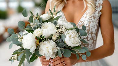 Close-up of a bride holding a white wedding bouquet with peonies, roses, eucalyptus and decorative flowers
