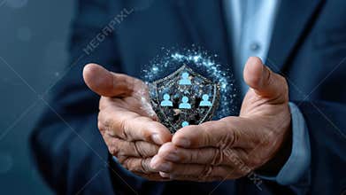 A professional business person holds a glowing digital shield, symbolizing comprehensive family protection, personal insurance