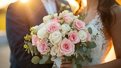 Close-up of bride and groom during sunset, focusing on the bride\'s hands holding a bouquet of pink and white roses