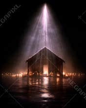 Christian Christmas Creation Commercial Image Birth Light · Holy Silver Glow - Hyperrealistic Silver White Beams, Manger, Three 