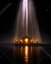 Christian Christmas Creation Commercial Image Birth Light · Holy Silver Glow - Hyperrealistic Silver White Beams, Manger, Three