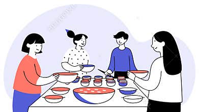 An outdoor potluck gathering with tables filled with homemade dishes where members exchange food and stories