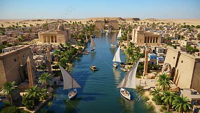 Sailing down the Nile in ancient Thebes with feluccas and rising heat haze from the city buildings