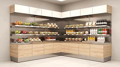 Modern Retail Display Corner Unit with Assorted Food Products and Beverages Illuminated by Soft Ceiling Lights