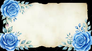 Elegant Vintage Parchment Frame Adorned with Blue Roses at Opposite Corners