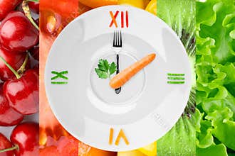 Food clock with vegetables and fruits