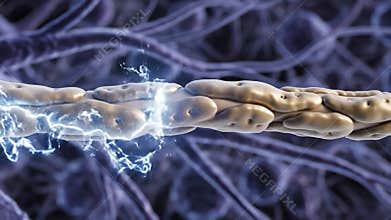 Microscopic view of neuron axon transmission showing electrical impulse traveling along myelinated nerve fiber with myelin sheath