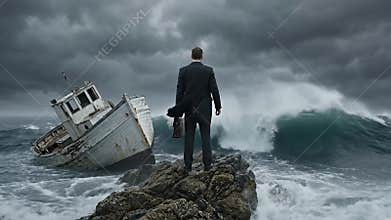 Lost at Sea: Businessman Facing Storm and Old Shipwreck
