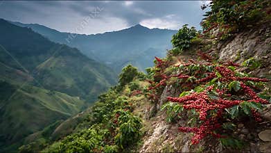 Ripe Red Coffee Beans Growing on Steep Mountain Terrace with Lush Green Valley Views