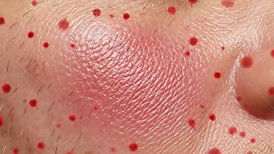 Close-up Extreme Macro View of Inflamed Pimple on Human Skin Surface With Tiny Red Droplets Floating Around The Affected Area