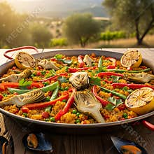 Delicious paella with artichokes peas peppers and lemon served outdoors on a wooden table