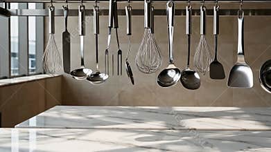Kitchen Utensils Hanging Above a Marble Countertop