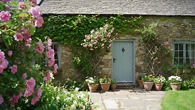 Charming Stone Cottage Garden Entrance Framed by Blushing Pink Roses and a Blue Door