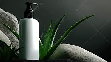 A white pump bottle is presented among aloe vera plants, rocks, and dark, textured background