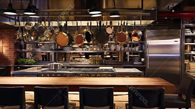 A modern, industrial-style kitchen, featuring an island, hanging pans, and professional appliances