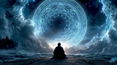 Monk meditating under glowing cosmic mandala and stormy skies