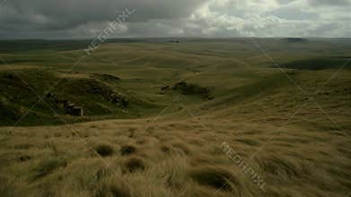Expansive Rolling Green Hills Under Dramatic Cloudy Sky Natural Landscape