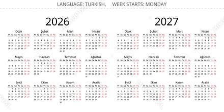 2026 and 2027 year turkish simple calendars. Vector illustration Turkey - turk takvimi