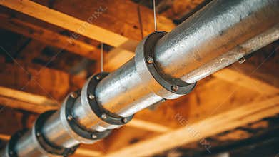 Medium shot of commercial HVAC ducts being installed in a ceiling framework highlighting metal tubing and secure