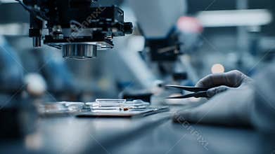 Medium shot of an automaton carefully picking up objects with precision tools to document evidence at a controlled lab