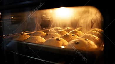 Close-up of Steaming Chocolate Chip Cookies Baking in a Hot Oven
