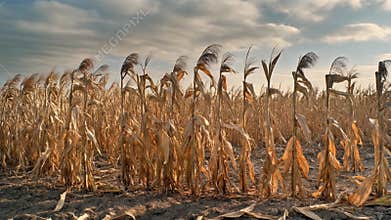 Golden Dry Corn Field Under Dramatic Cloudy Sky at Sunset Warm Sunlight Backlighting Tall Stalks