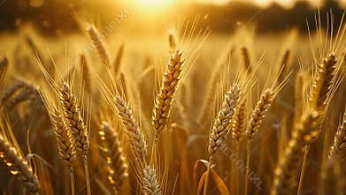 Golden Wheat Field Under Warm Sunset Sunlight With Blurry Background And Lens Flare