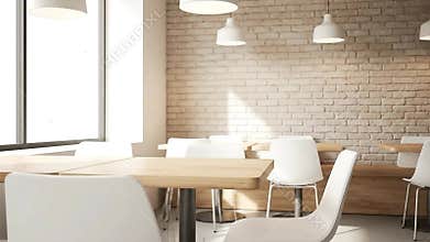 Modern Cafe Interior with Natural Light and White Brick Wall