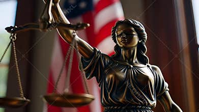 Statue of Lady Justice holding scales in front of American flag in courtroom setting