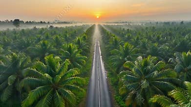 Expansive Palm Oil Plantation Road Through Lush Greenery Under a Golden Sunrise Sky with Soft Mist