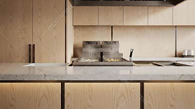 Modern Coffee Shop Interior with Warm Wood Paneling and Sleek Countertop