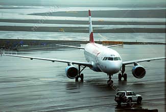 Austrian airlines commercial airliner taxied on runway