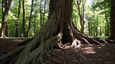 Majestic forest tree with expansive roots captured in sunlit glade