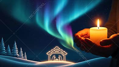 This peaceful digital creation shows someone holding a lighted candle. In the background is a glowing Nativity scene with