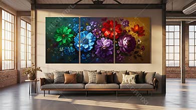 Colorful floral triptych artwork hangs above a modern sofa in a spacious loft apartment