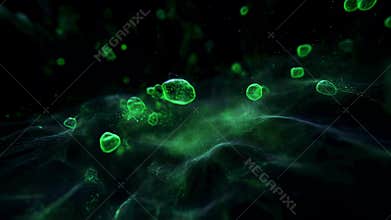3D visualization of cellular damage caused by hydrogen sulfide gas featuring green overlay symbolizing poisoning within