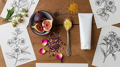 Crafting natural cosmetic products with botanical illustrations, figs, and bee pollen for skincare and beauty routine