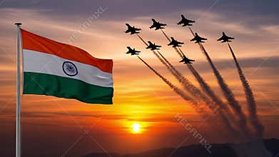 Indian Flag and Air Force Display at Sunset - A Patriotic Spectacle