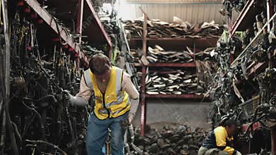 White male worker checks auto spare parts stock storage at stack warehouse.